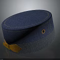 Stylish Blue Denim Hat With Yellow Stitching Orange Leather Strap And Round Eyelet
