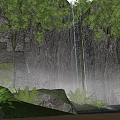 Tranquil Garden Landscape With Waterfall Trees Rocky Background And Modern Sculpture Lighting