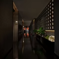 Elegant Modern Hotel Corridor With Warm Lighting Green Plants Grid Wall And Dark Flooring