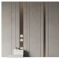 Modern Bedroom Accent Wall With Neutral Tones Vertical Strips Circular Accents And Marble Shelves