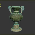 Carved Vase Sculpture with Green Glaze and Animal Head Handles on Beige Base