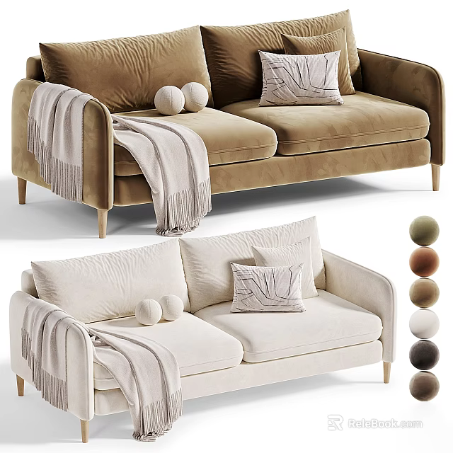 Brown Cream Two Seater Sofa with Throw Blanket Pillows and Decorative Balls for Living Room 3d model 