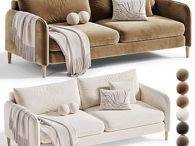 Brown Cream Two Seater Sofa with Throw Blanket Pillows and Decorative Balls for Living Room 3d model