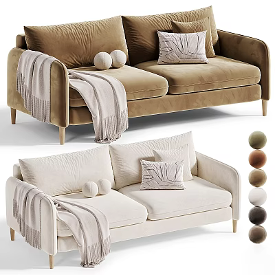 Brown Cream Two Seater Sofa with Throw Blanket Pillows and Decorative Balls for Living Room 3d model