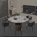 Modern Open Kitchen Dining Interior With Round Marble Table And Upholstered Pink Gray Chairs 3d model