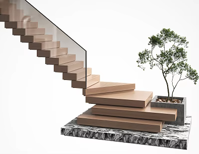 Modern Wooden Staircase Design With Glass Railing And Green Plant On Marble Base 3d model