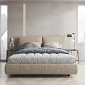Modern Double Bed Bedroom Interior With Neutral Headboard Pillows Duvet And Nightstand Lamps