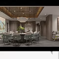 Elegant Modern Private Dining Room With Round Table Chairs Pendant Light And Wall Painting