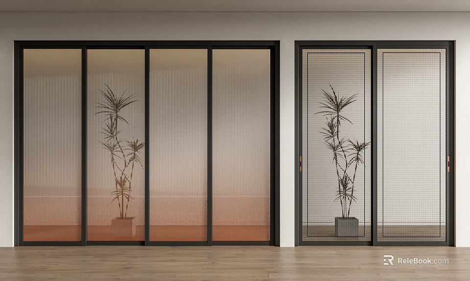Modern Interior Sliding Doors Featuring Frosted Glass Mesh Design And Potted Plant On Wooden Floor 3d model 