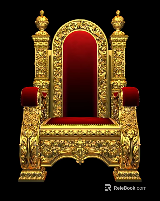 Intricate Golden Carved Throne With Red Upholstered Seat And Armrests 3d model 