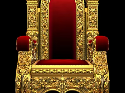 Intricate Golden Carved Throne With Red Upholstered Seat And Armrests 3d model