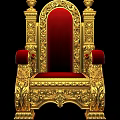 Intricate Golden Carved Throne With Red Upholstered Seat And Armrests