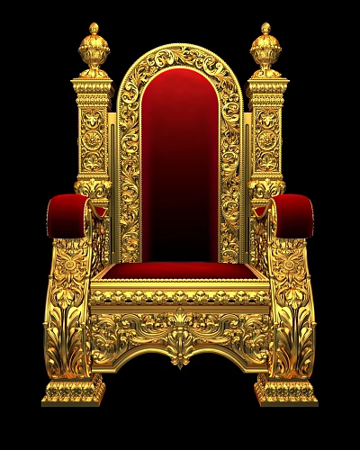 Intricate Golden Carved Throne With Red Upholstered Seat And Armrests 3d model