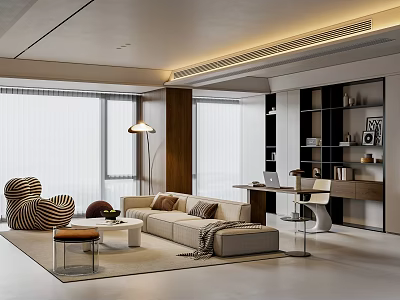 Modern Living Room Interior With Beige Sofa Striped Chair Coffee Table Floor To Ceiling Windows 3d model