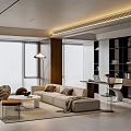Modern Living Room Interior With Beige Sofa Striped Chair Coffee Table Floor To Ceiling Windows