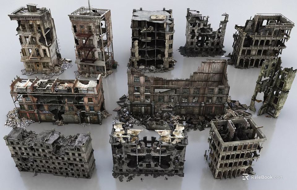 Collapsed Urban Buildings And Ruins Of Damaged Structures With Scattered Debris 3d model 