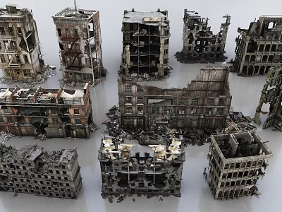 Collapsed Urban Buildings And Ruins Of Damaged Structures With Scattered Debris 3d model