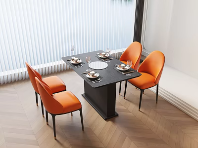 Modern Dining Table With Four Orange Chairs And Black Tabletop By Window Blinds 3d model
