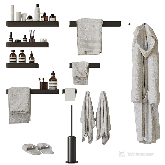 Soft Towels Hanging on Rack with Bathrobe and Toiletries in Bathroom Setting 3d model 