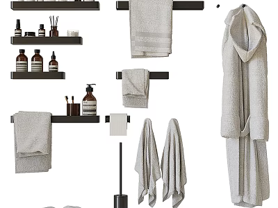 Soft Towels Hanging on Rack with Bathrobe and Toiletries in Bathroom Setting 3d model