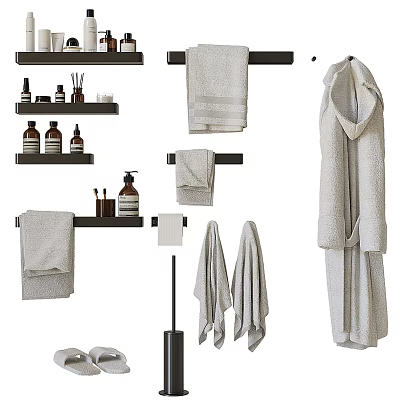 Soft Towels Hanging on Rack with Bathrobe and Toiletries in Bathroom Setting 3d model