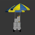 Playful Dog Standing By Hot Dog Cart With Blue Yellow Umbrellas