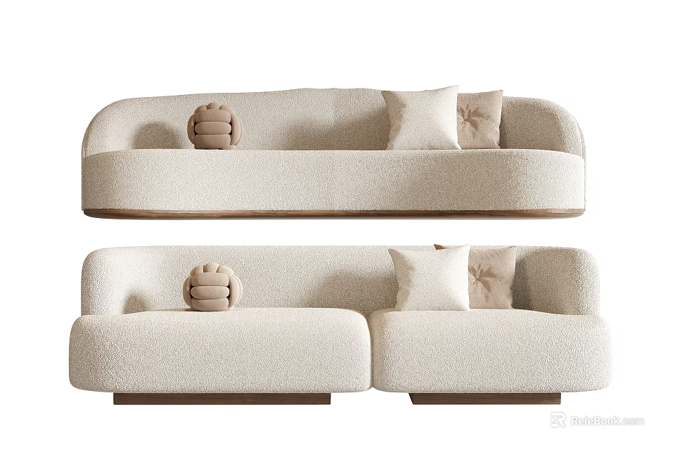 Modern Cream Fabric Sectional Sofa Set With Round Design And Soft Decorative Pillows 3d model 