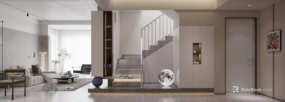 Modern Foyer Hallway Interior With Staircase Storage And Moon Lamp 3d model 
