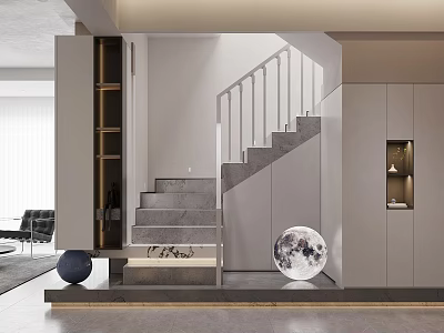 Modern Foyer Hallway Interior With Staircase Storage And Moon Lamp 3d model