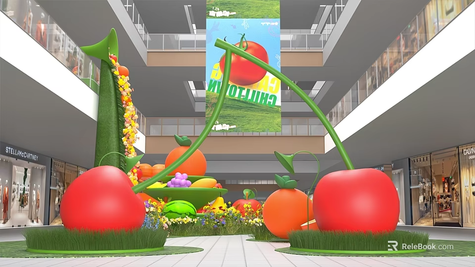 Interactive Zone With Giant Tomato Orange Cherry Sculptures Flowers And Mall Area 3d model 