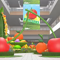 Interactive Zone With Giant Tomato Orange Cherry Sculptures Flowers And Mall Area