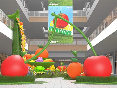 Interactive Zone With Giant Tomato Orange Cherry Sculptures Flowers And Mall Area 3d model