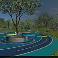 Park Landscape With Blue Circular Track Green Trees Central Tree Area And Vegetation