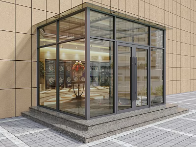 Transparent Glass Swing Door With Black Frame At Building Exterior Entrance Steps 3d model