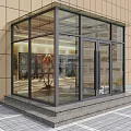 Transparent Glass Swing Door With Black Frame At Building Exterior Entrance Steps