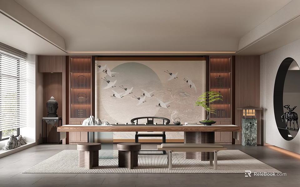 Traditional Wooden Tea Room Interior With Crane Painting Moon Design Long Table And Green Plant 3d model 
