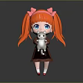 Cute Red Haired Girl With Pink Bows Blue Eyes Holding White Kitten In Dark Dress