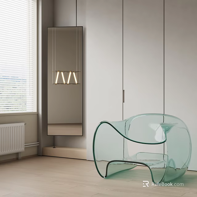 Elegant Transparent Glass Leisure Chair In Modern Room With White Wardrobe And Mirror 3d model 