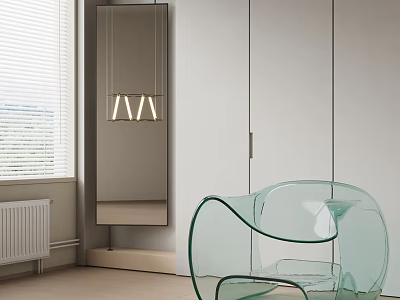 Elegant Transparent Glass Leisure Chair In Modern Room With White Wardrobe And Mirror 3d model