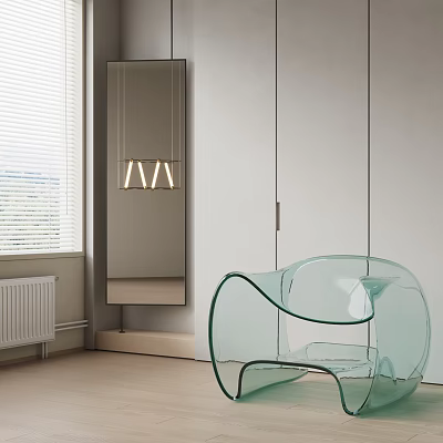Elegant Transparent Glass Leisure Chair In Modern Room With White Wardrobe And Mirror 3d model
