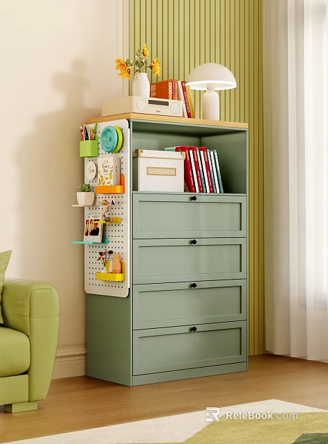 Modern Green Chest Of Drawers With Bookshelf Section Pegboard Cups Books And Small Potted Plants 3d model 