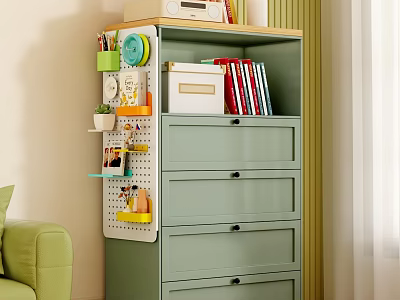 Modern Green Chest Of Drawers With Bookshelf Section Pegboard Cups Books And Small Potted Plants 3d model