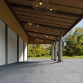 Wooden Canopy Supported by Tree Trunk Like Pillars on Modern Building Surrounded by Greenery