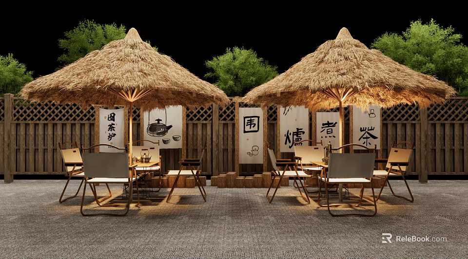 Outdoor Table With Thatched Roof Wooden Fence And Trees In Garden 3d model 