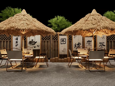 Outdoor Table With Thatched Roof Wooden Fence And Trees In Garden 3d model