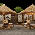 Outdoor Table With Thatched Roof Wooden Fence And Trees In Garden