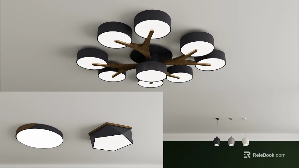Modern Ceiling Light With Wooden Frame And Multiple Circular Light Shades Design 3d model