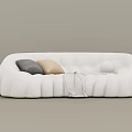 White Modern Double Sofa With Puffed Design Gray Beige Cushions And Blanket