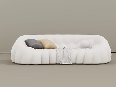 White Modern Double Sofa With Puffed Design Gray Beige Cushions And Blanket 3d model