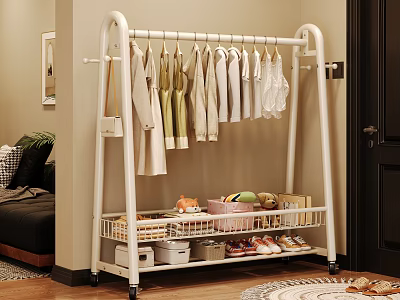 White Clothes Rack With Hanging Clothes And Storage Shelves For Baskets Boxes And Shoes 3d model